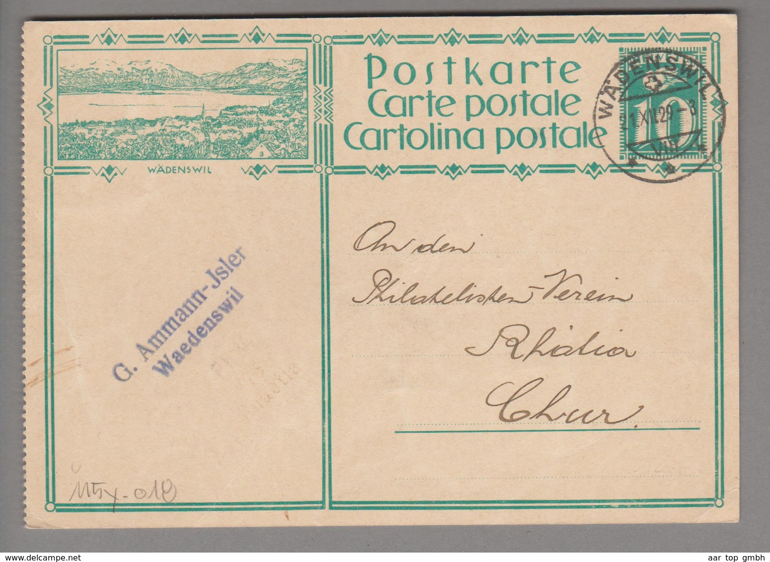 Schweiz GS Bildpostkarte Zu# 115y.018 übereinstimmend Wädenswil 1929-12-21 - Entiers Postaux