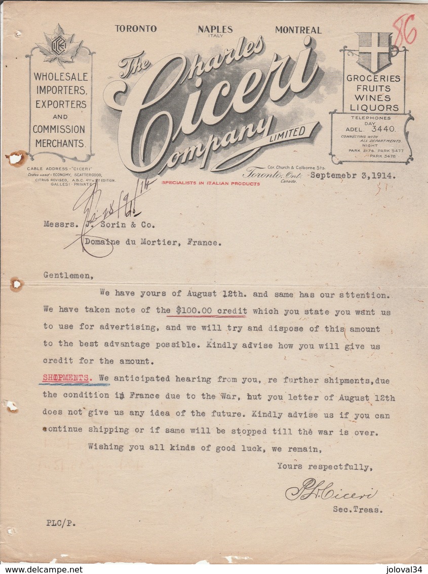 CANADA Lettre Facture Illustrée 3/9/1914 Charles CICERI Importers Fruits Wines Liquors  TORONTO - Canada