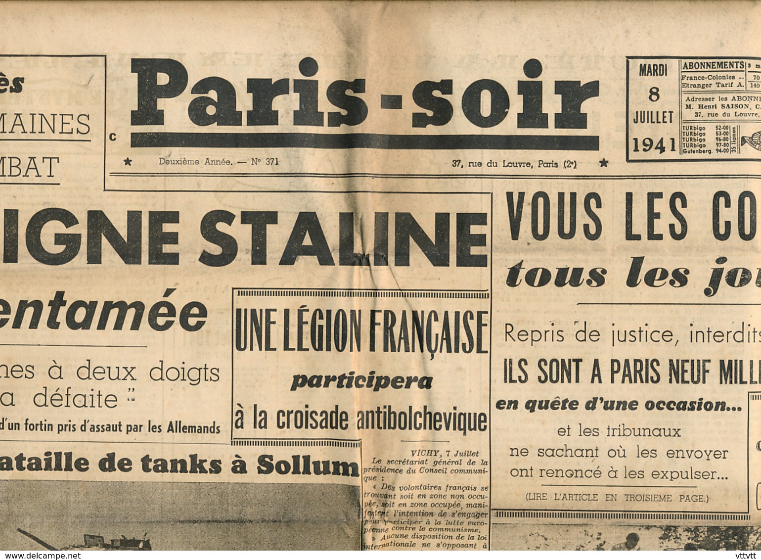 PARIS-SOIR, N° 371, Mardi 8 Juillet 1941, Ligne Staline, Tanks, Bataille Sollum, Légion Française, Luftwaffe, Beyrouth - Autres & Non Classés