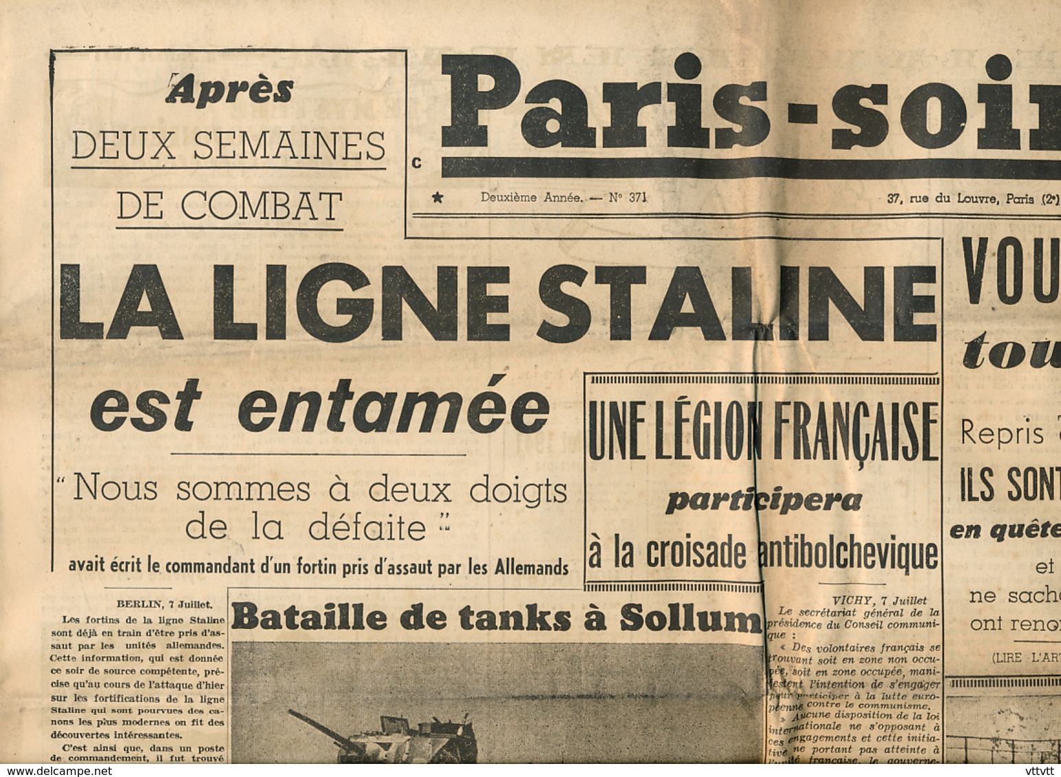 PARIS-SOIR, N° 371, Mardi 8 Juillet 1941, Ligne Staline, Tanks, Bataille Sollum, Légion Française, Luftwaffe, Beyrouth - Autres & Non Classés