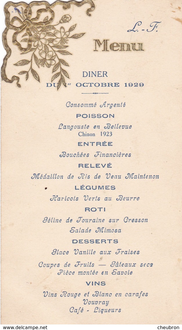 37 SAINT PIERRE DES CORPS. MENU. DINER DU 1er OCTOBRE 1929 . LEVASSEUR TRAITEUR 15 AVENUE DU CANAL - Menus