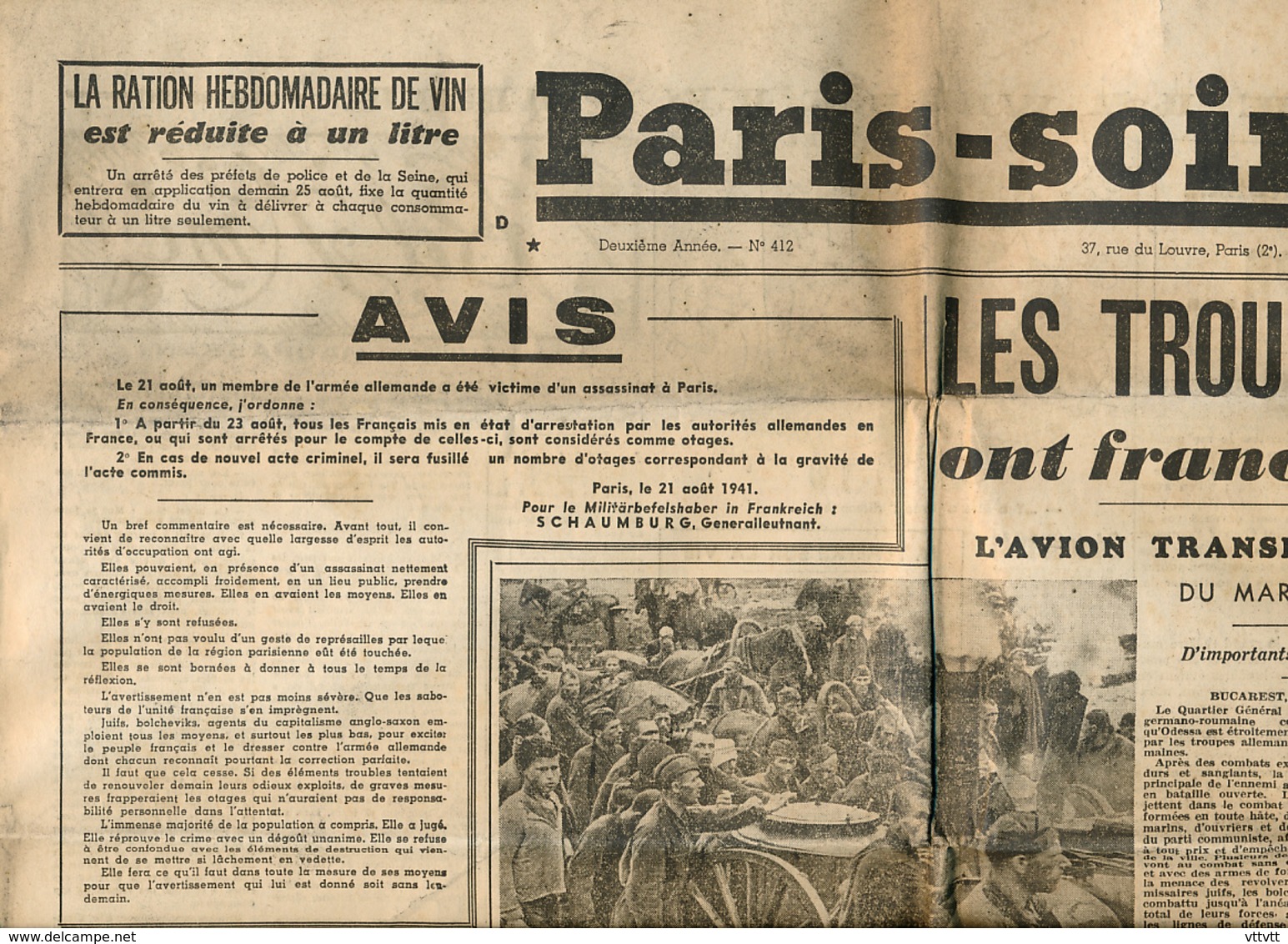 PARIS-SOIR, N° 412, Lundi 25 Août 1941, Russie, Troupes Du Reich, Le Dniepr, Avis Allemand, Représailles, Vorochilo... - Autres & Non Classés