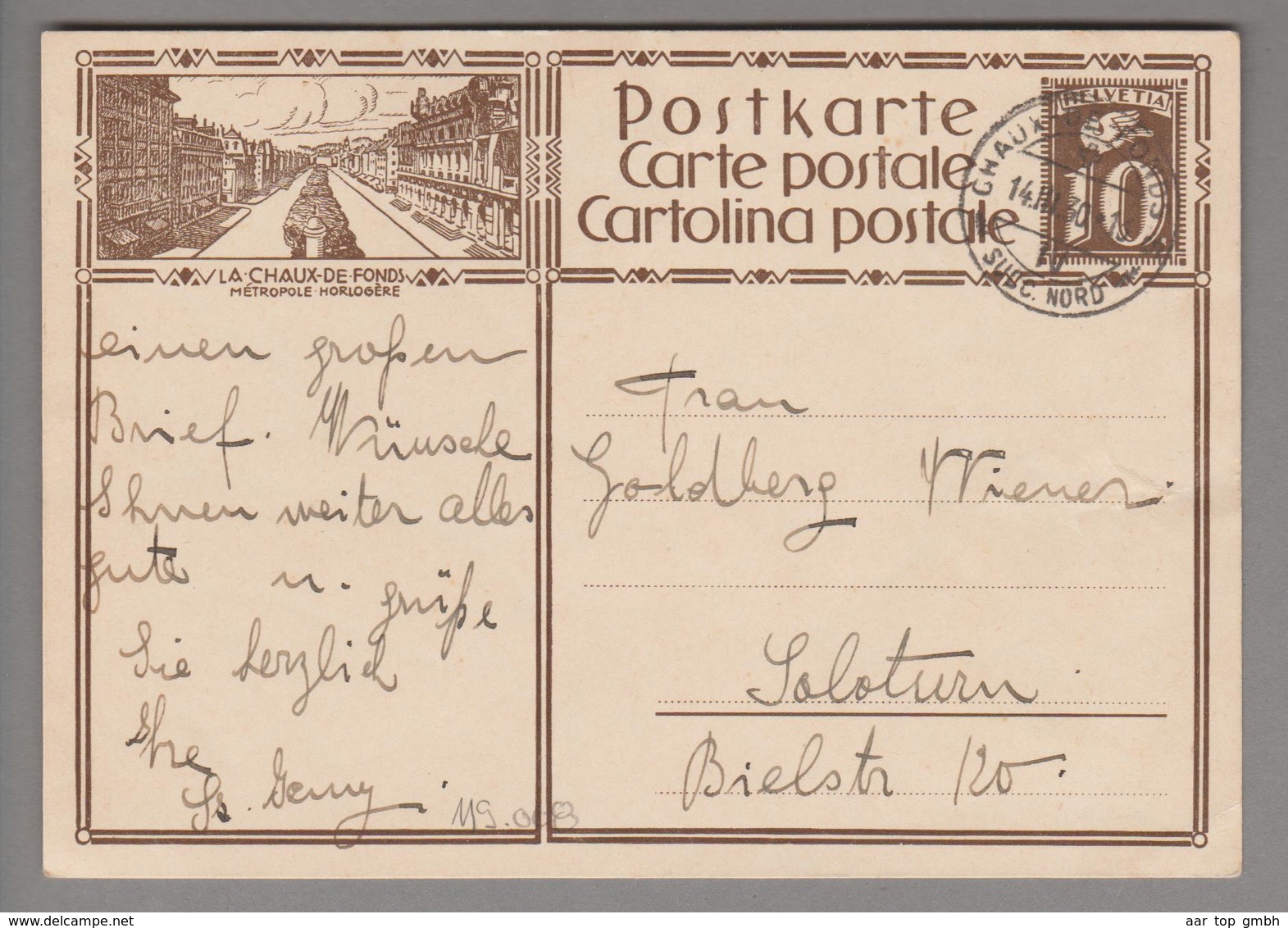 Schweiz GS Bildpostkarte Zu# 119.008 übereinstimmend Chaux-de-Fonds 1930-03-14 - Entiers Postaux