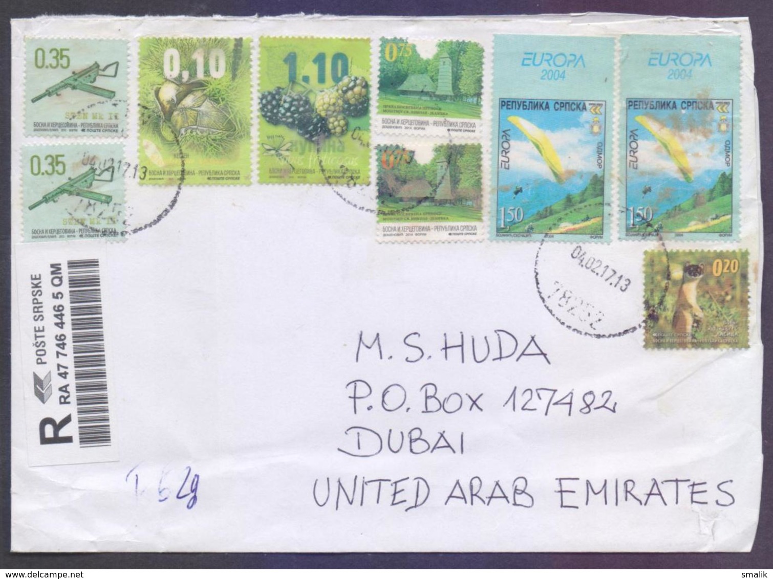 Fruits, Europa, Arms, Postal History Cover From BOSNIA  And HERZEGOVINA, Registered Used 4.2.2017 - Bosnie-Herzegovine