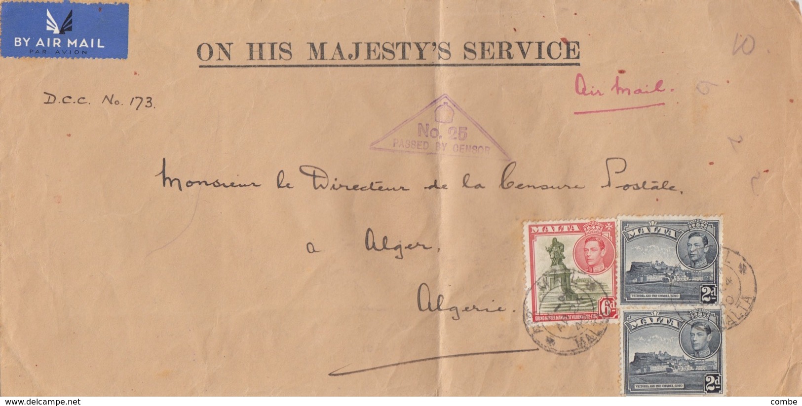 COVER LETTRE. MALTA. 24 4 40. ON HIS MAJESTY'S SERVICE.  TO ALGERIA. PASSED BY CENSOR N° 25 / 3 - Malta (...-1964)