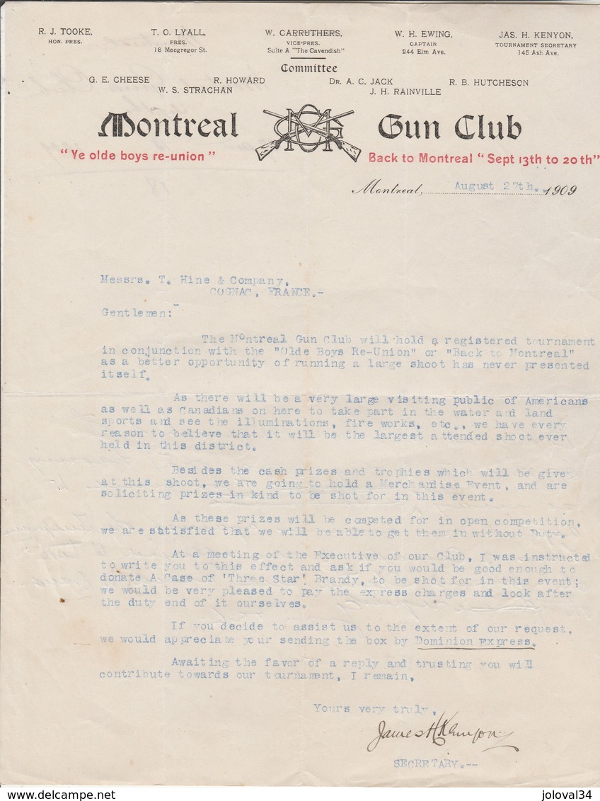 CANADA Lettre Facture Illustrée 27/8/1909 MONTREAL GUN CLUB MONTREAL - Canada