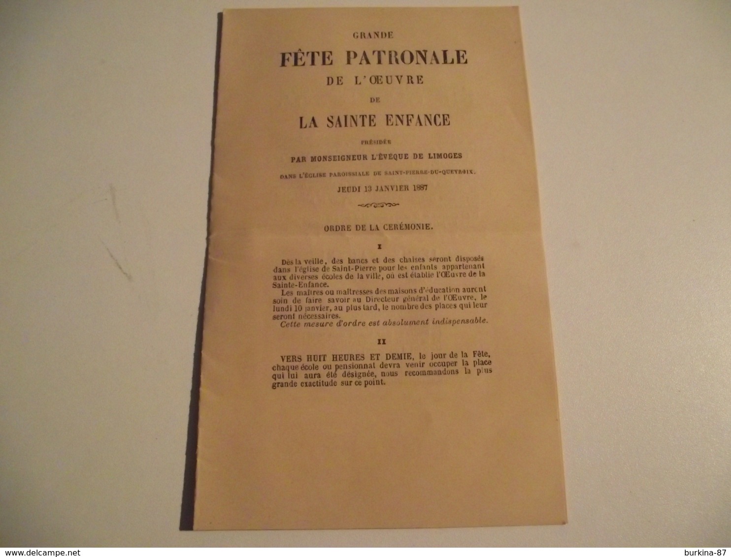 Programme De La Fete Patronale De La Ste Enfance, 1887, Limoges - Programs