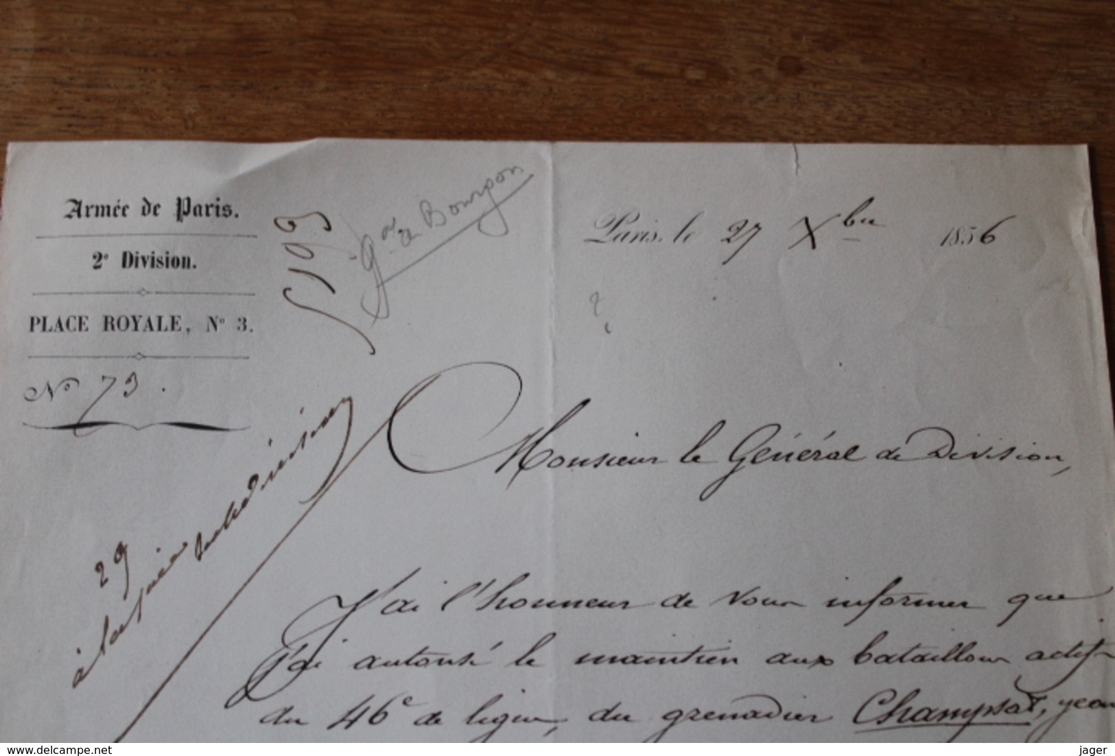 Autographe   General De Bourgon  1856   Armée De Paris - Documents Historiques