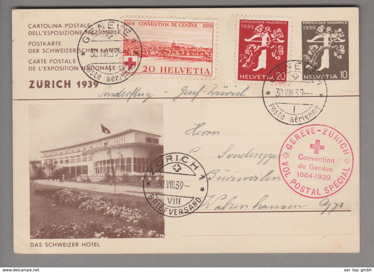 Schweiz Ganzsache Landi "das Schweizer Hotel" Sonderflug Genf-Zürich - Stamped Stationery