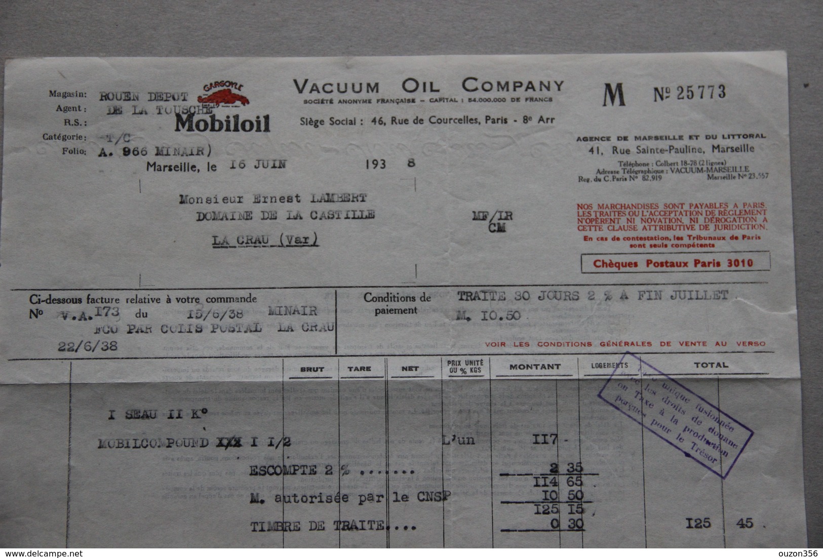 Facture Mobiloil Vacuum Oil Company, Paris, Marseille, 1938 - Autres & Non Classés