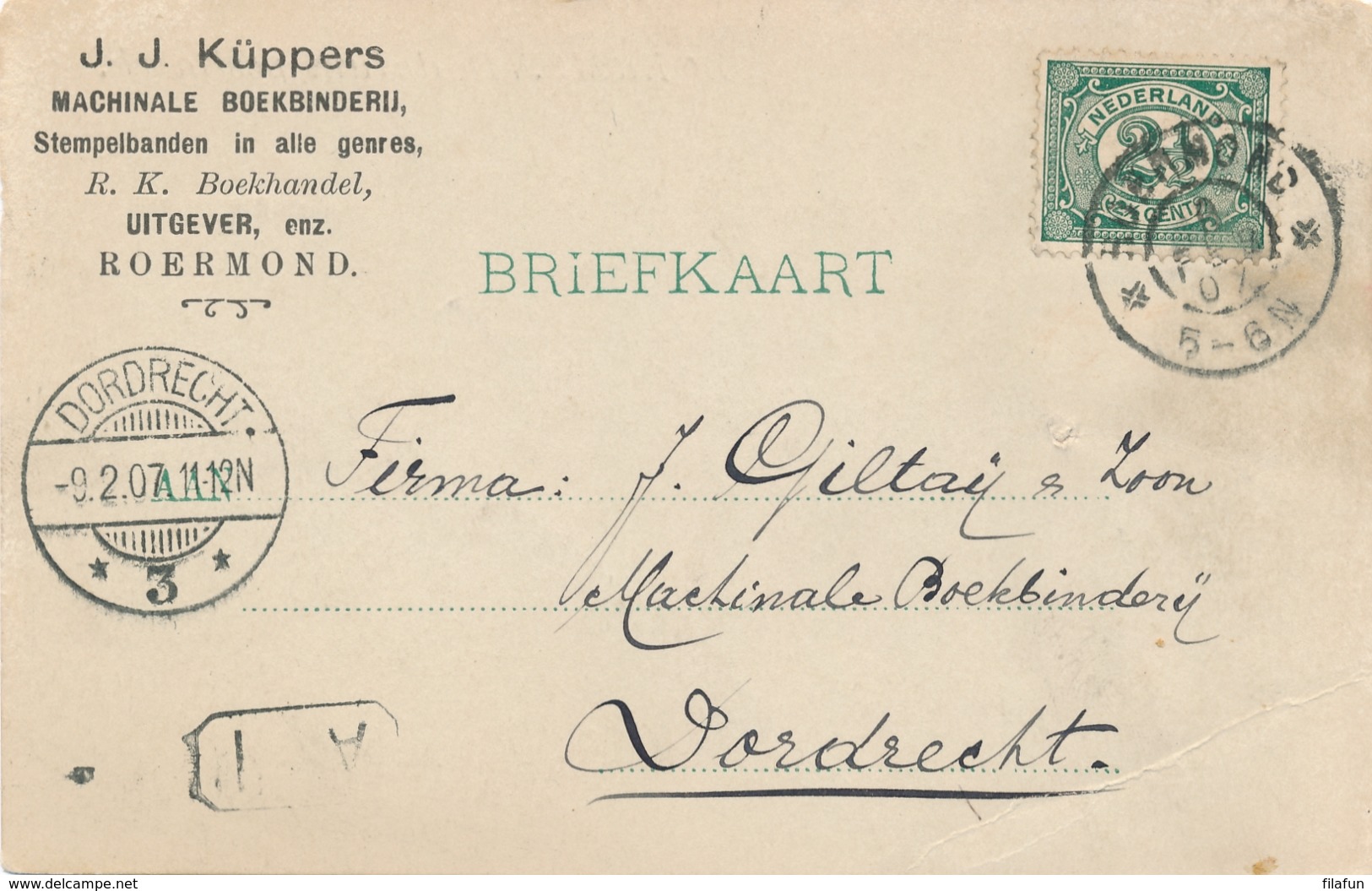 Nederland - 1907 - Martinstempel DORDRECHT/3 Op Zakenbriefkaart Uit Roermond - Poststempels/ Marcofilie