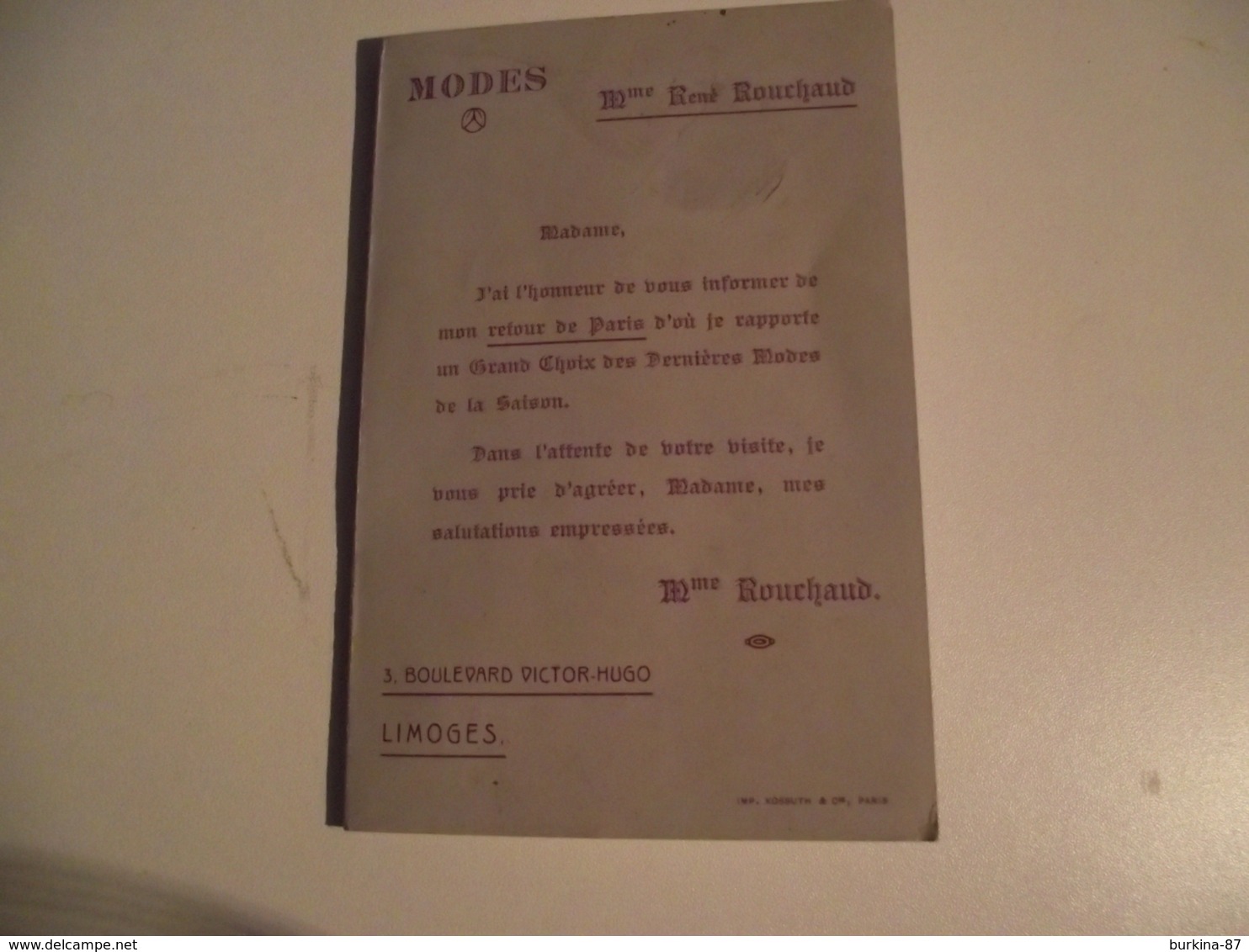 Limoges, Publicité Mme Rouchaud, Modes, Vers 1900 - Publicités