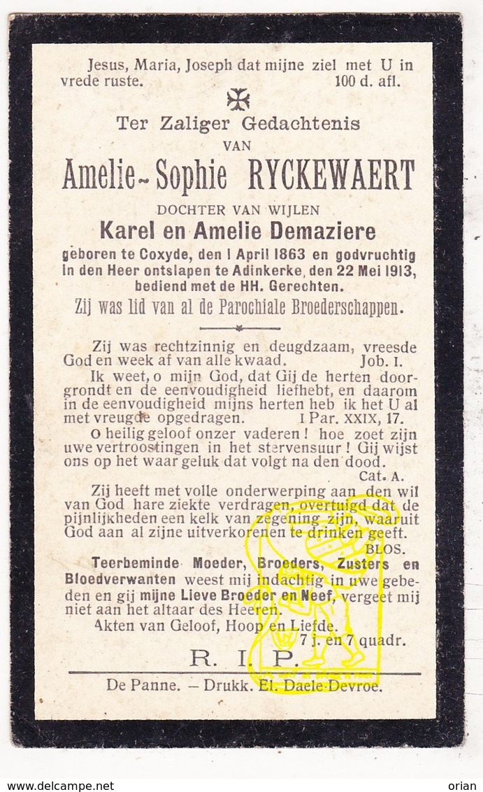 DP Amelie S. Ryckewaert / Demaziere ° Koksijde 1863 † Adinkerke De Panne 1913 - Images Religieuses