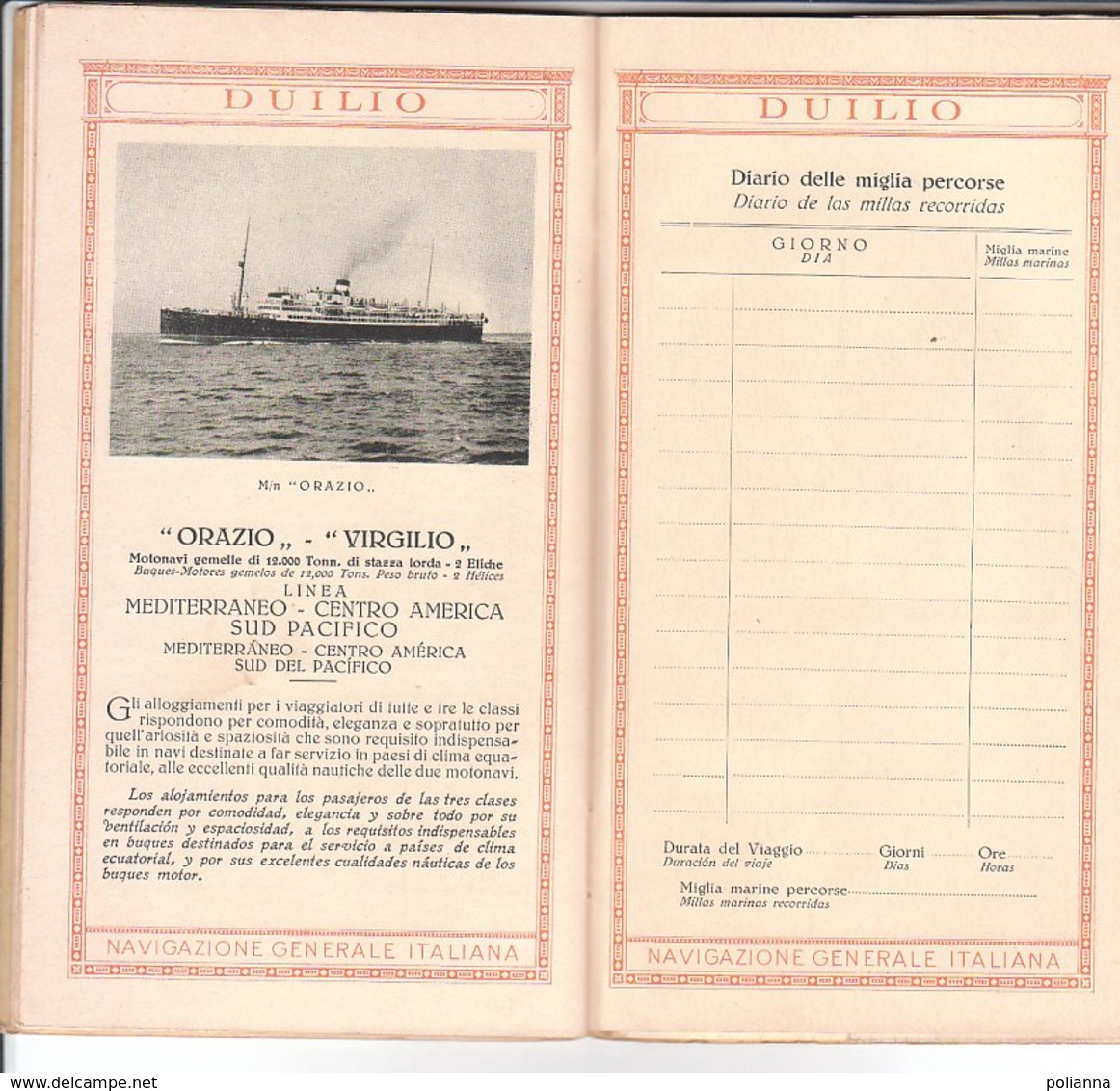 B2057 - NAUTICA Brochure NAVIGAZIONE GENERALE ITALIANA - NAVE DUILIO Anni '30/ M/N ORAZIO VIRGILIO - Dépliants Turistici