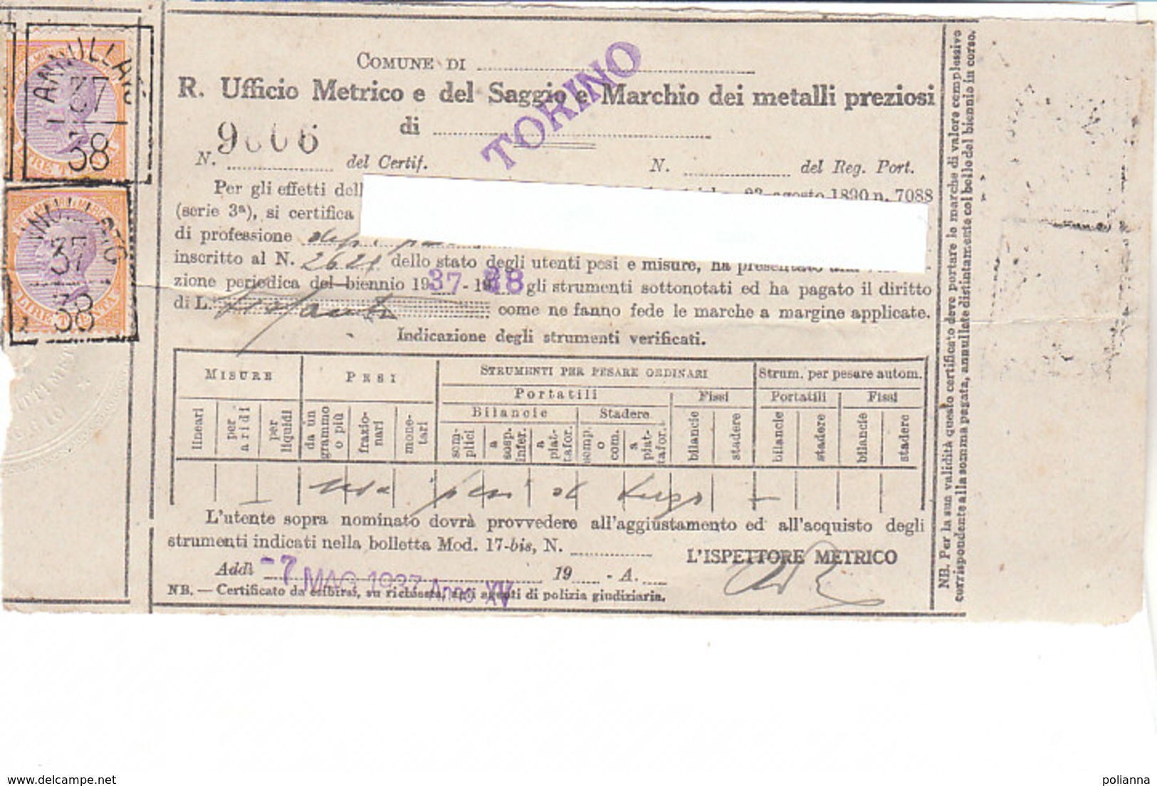 B2059 - RICEVUTA COMUNE TORINO UFFICIO METRICO SAGGIO E METALLI PREZIOSI - MARCHE PESI MISURE E MARCHIO 1937 - Fiscali