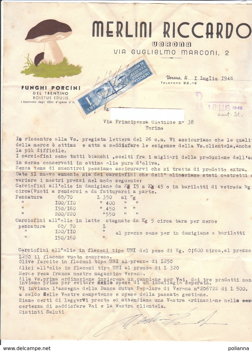 B2064 - FATTURA CARTA INTESTATA MERLINI - VERONA - FUNGHI PORCINI DEL TRENTINO - IMPOSTA SULL'ENTRATA VENDITA 1946 - Italie
