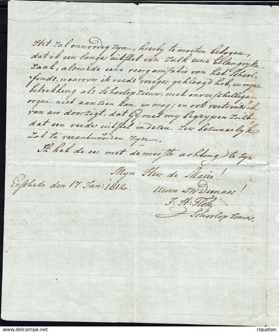 PAYS-BAS - Marque Postale "12 ENSCI" Lettre Du 17-01-1812 De Hollande, En Port Payé, Adressée Au Seigneur Maire De...... - ...-1852 Préphilatélie