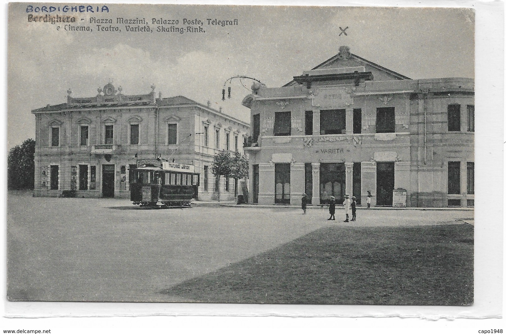 CARD BORDIGHERA PIAZZA MAZZINI  POSTE TELEGRAFI CINEMA TEATRO-VARIETA' SKATING-RINK TRAMWAY (IMPERIA)-FP-V-20882-28529 - Imperia