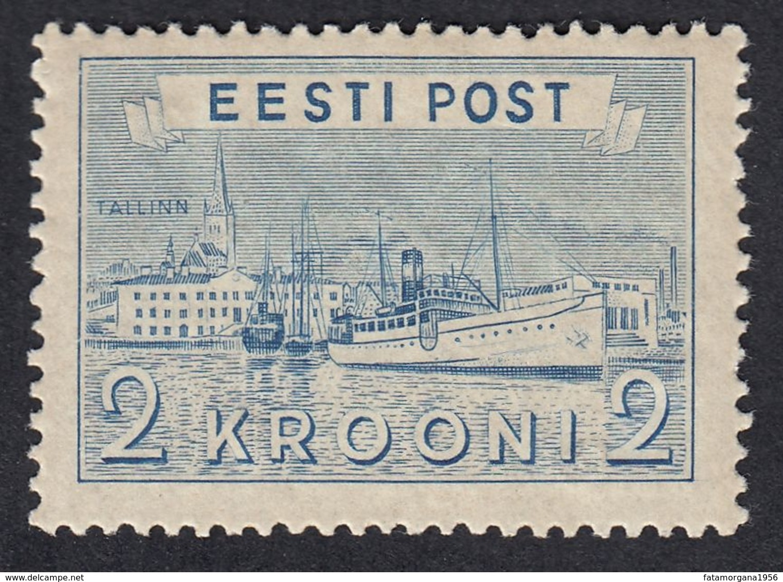 ESTONIA - 1938 - Yvert 158 Nuovo Con Gomma Danneggiata, Porto Di Tallin, 2 Krooni, Blu. - Estonie