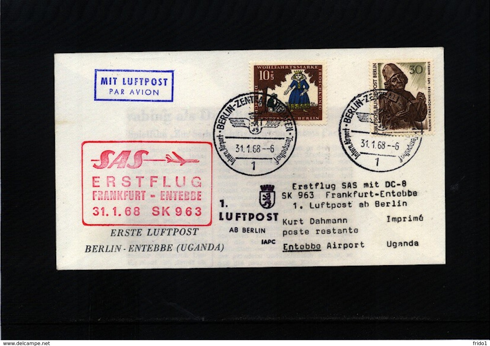 Germany 1968 SAS First Flight Frankfurt - Entebbe - Covers & Documents