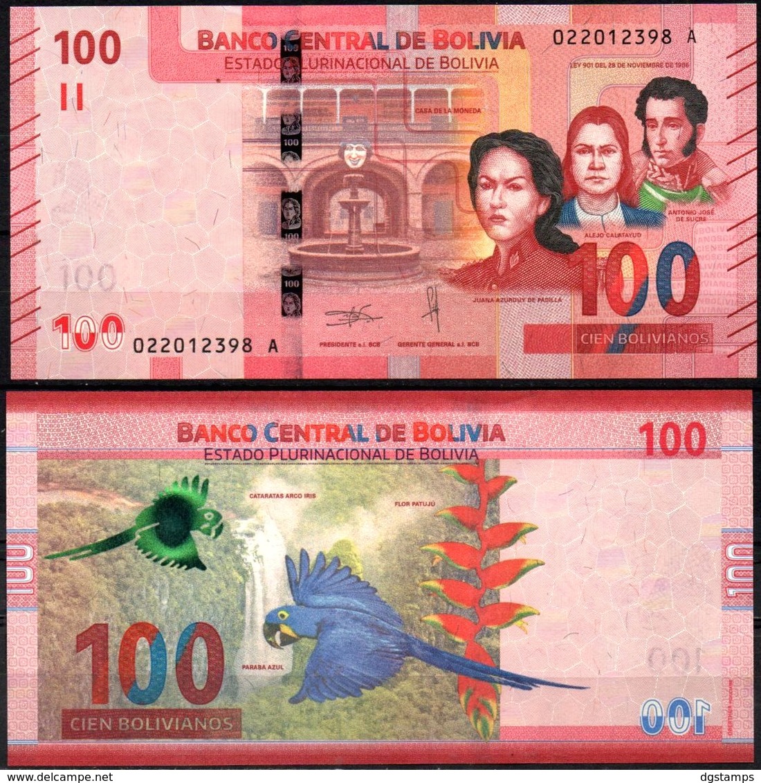 Bolivia 2019 100 Bolivianos. J. Azurduy, A. Calatayud, A. J. De Sucre. Casa De Moneda. Catarata Arcoíris. Paraba Azul. - Bolivien