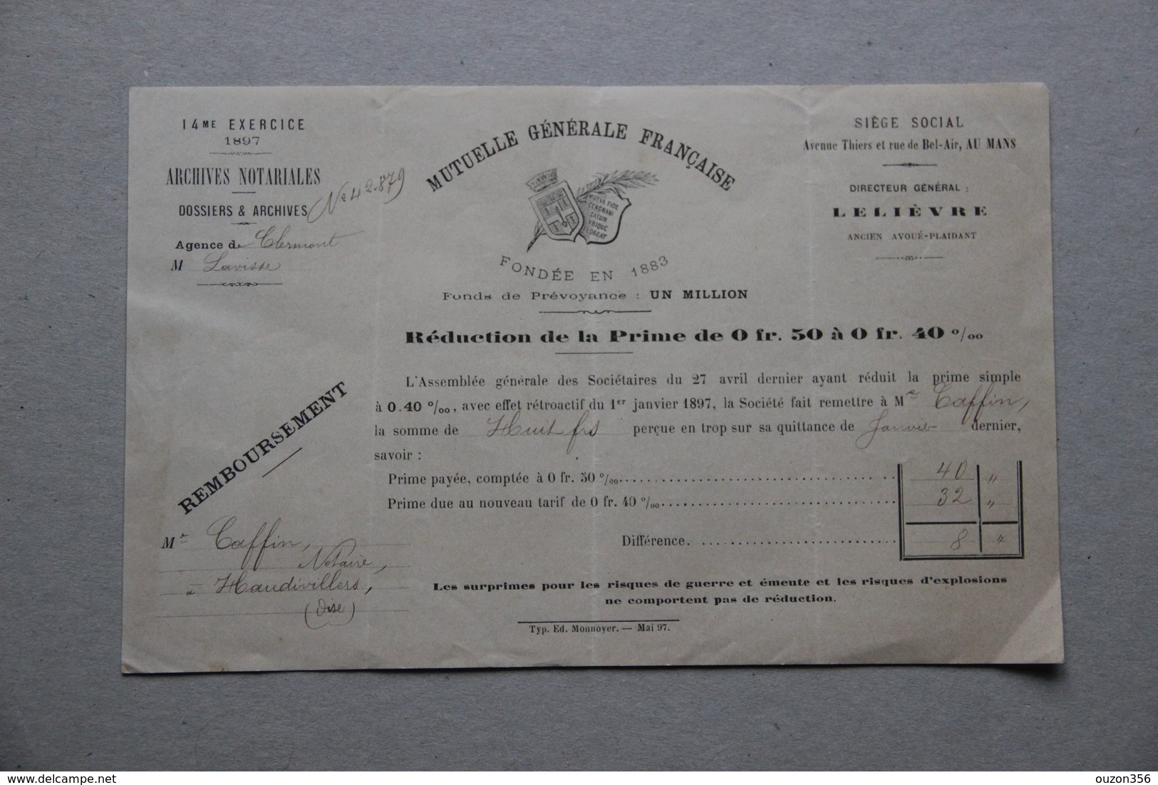 Mutuelle Générale Française, Archives Notariales, Me Caffin, Notaire à Haudivillers (Oise), Réduction Prime, 1897 - Collections