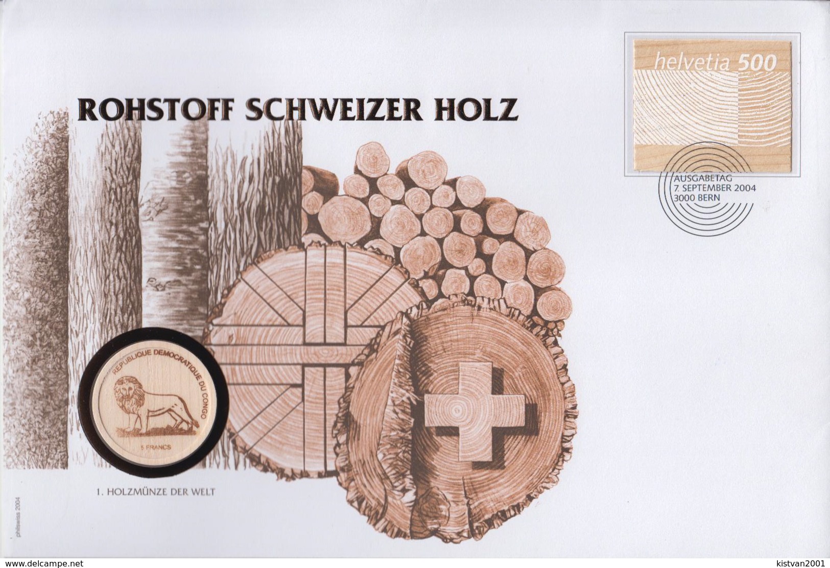 Switzerland FDC With The First Wood Stamp And The First Wood Coin From Congo 2005 - FDC