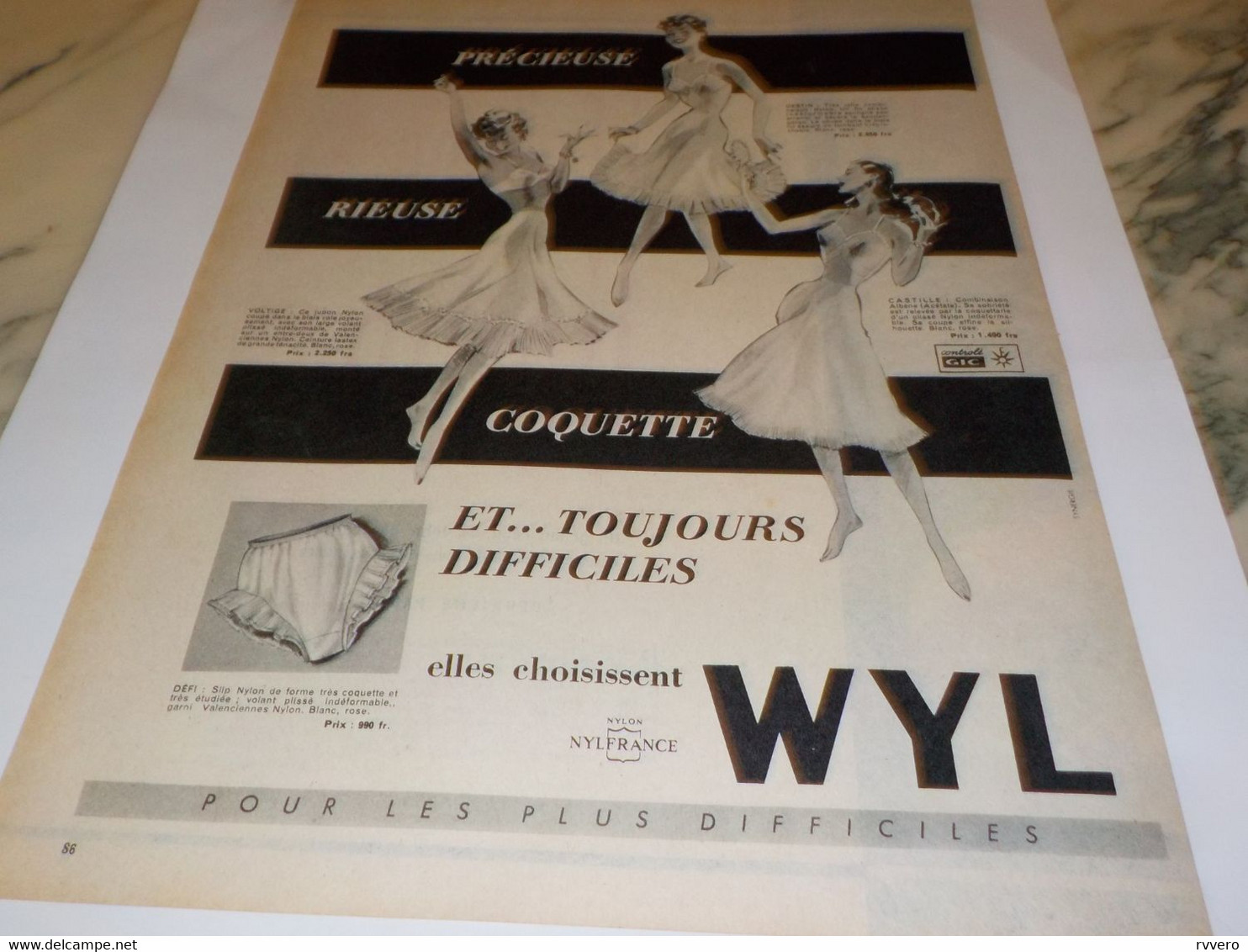 ANCIENNE  PUBLICITE  LINGERIE DE WYL 1955 - Publicités