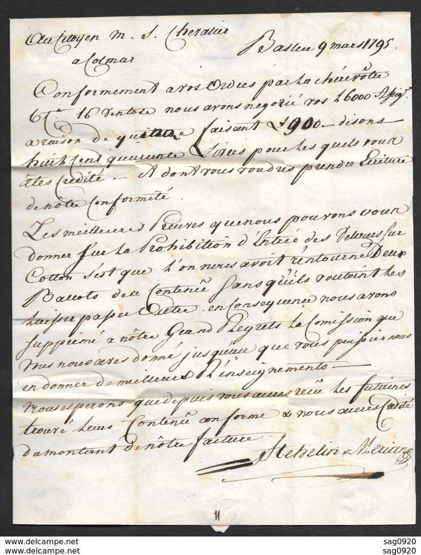 Haut Rhin-Lettre-Marque Linéaire 66 HUNINGUE-Pour Colmar - 1701-1800: Précurseurs XVIII