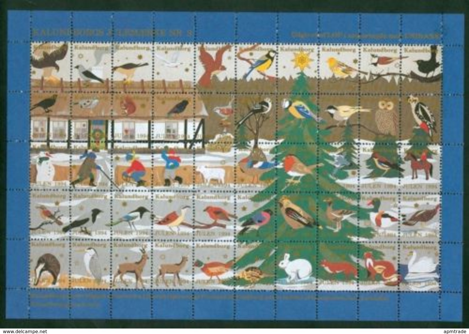 Denmark Christmas Sheet 1994 Kalundborg Animals. Owl,Birds,Fox,Horse,Swan,Hare, - Fogli Completi