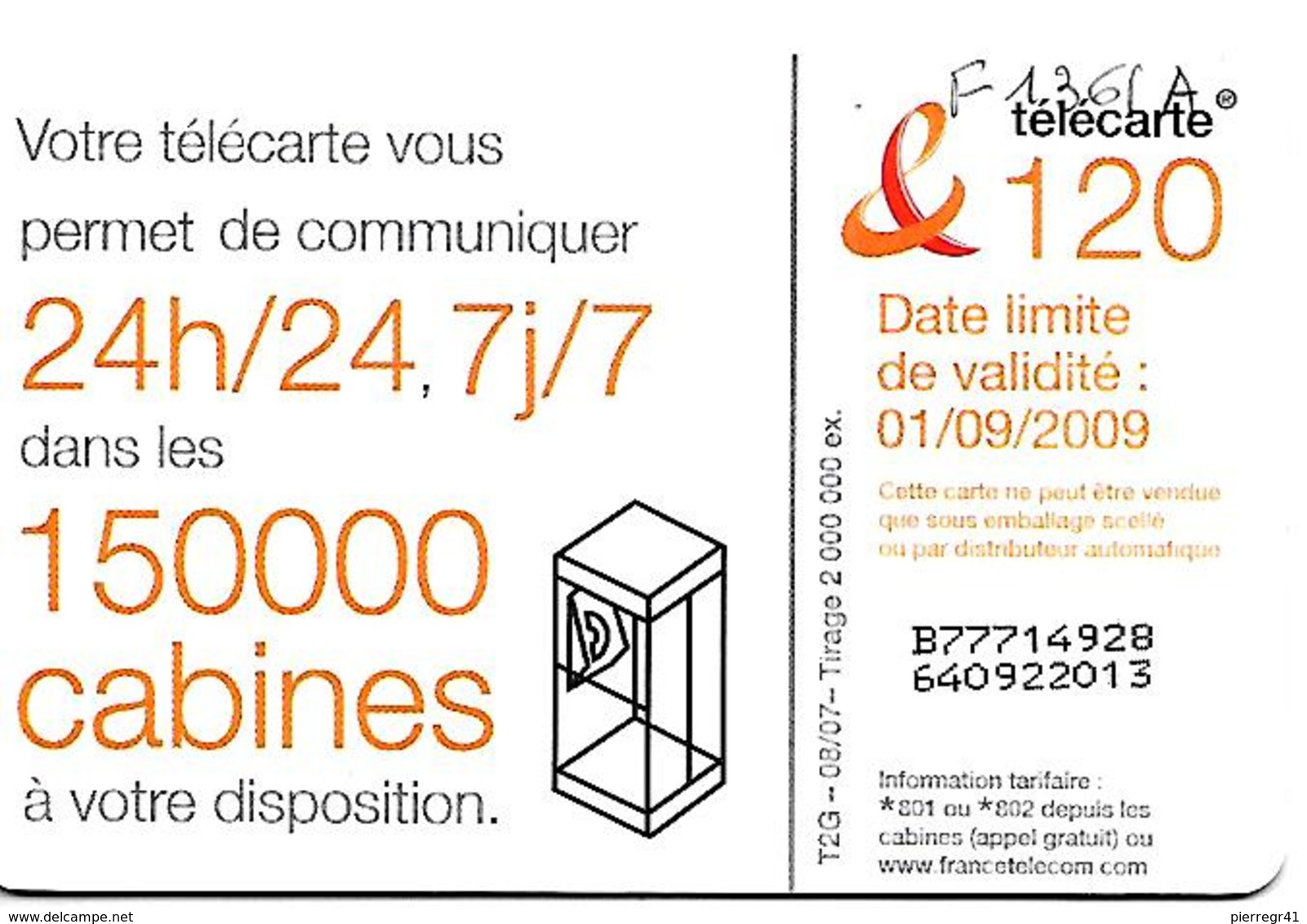 CARTE°-PUBLIC-120U-F1361A-GEM1-08/07-DANSE 5-V°150000 CABINES-01/09/2009 -UTILISE-TBE- - 2007