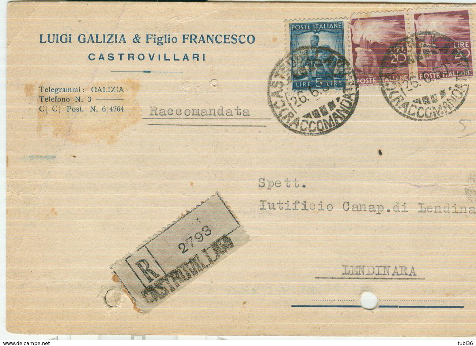 GALIZIA E FIGLIO -CASTROVILLARI (COSENZA)-CARTOLINA COMMERCIALE RACCOMANDATA,1950,POSTE CASTROVILLARI,LENDINARA (ROVIGO) - Italie