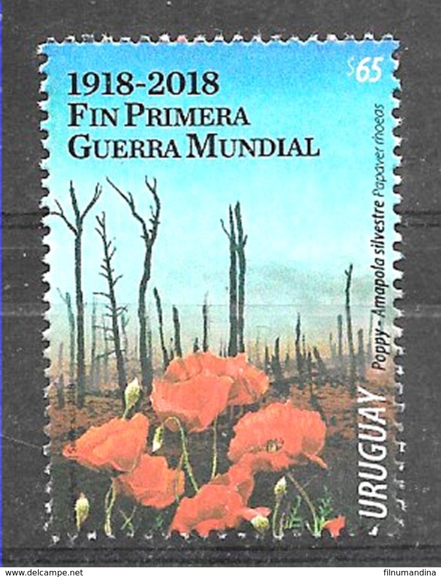 URUGUAY 2018 MILITARIA ANIV END WORLD WAR I PEACE FLOWERS MNH - Militaria