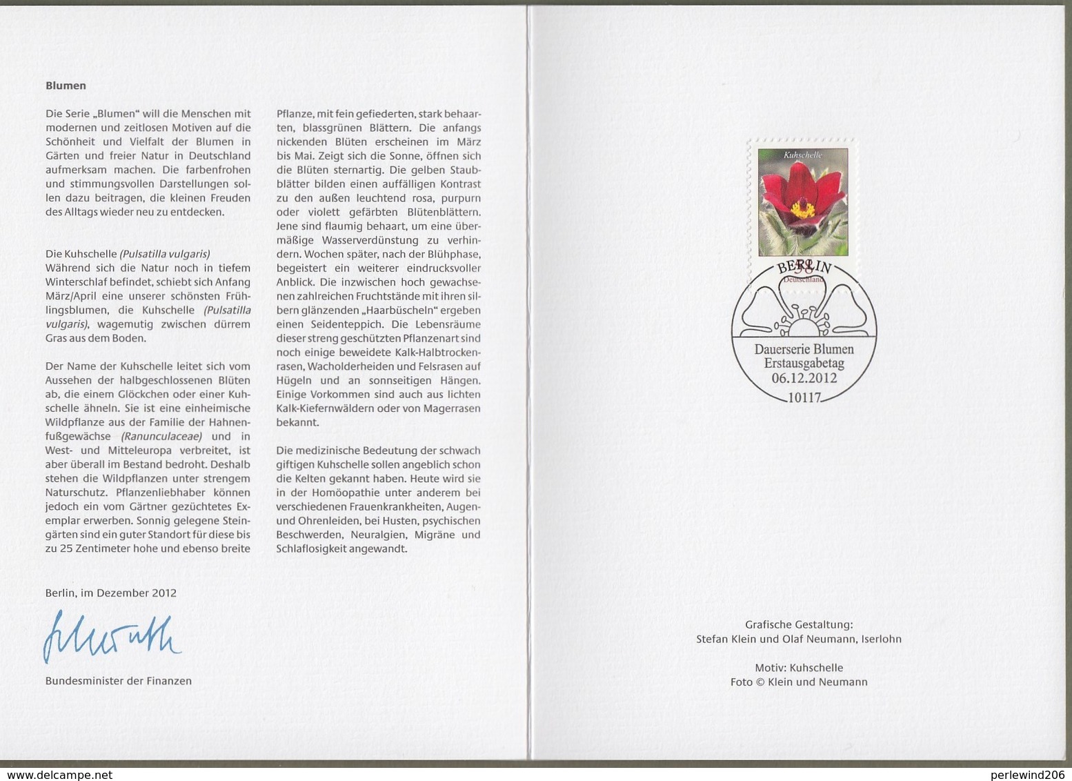 Bund: Minister Card - Ministerkarte Typ VII , Mi-Nr. 2968 ESST " Dauerserie Blumen 58 C - Kuhschelle - " !     X - Lettres & Documents