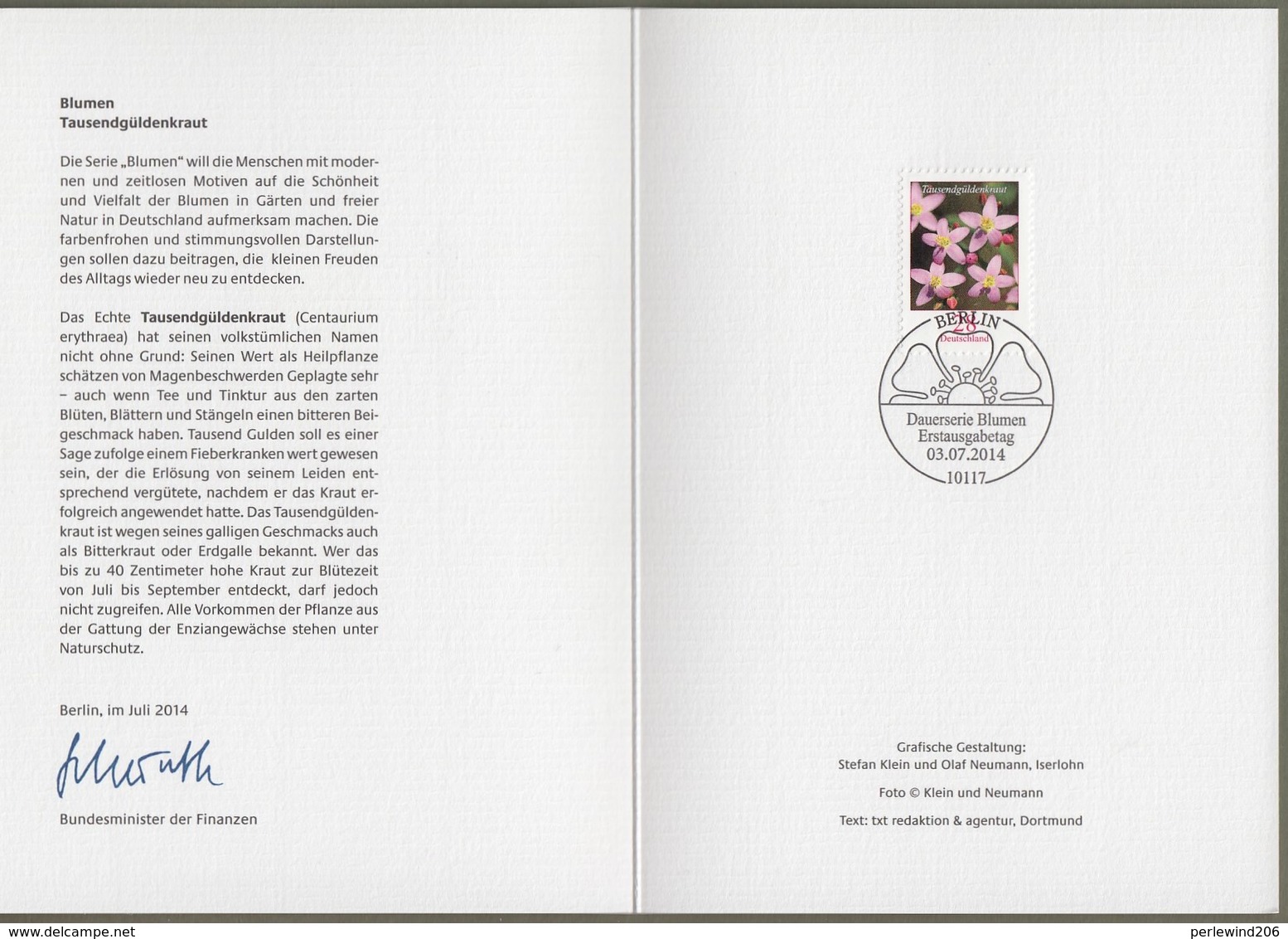 Bund: Minister Card - Ministerkarte Typ VII , Mi-Nr. 3088 ESST " Dauerserie Blumen 28 C - Tausendgüldenkraut - " !     X - Lettres & Documents