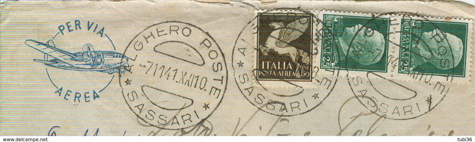 IMPERIALE  Cent.25+25+50 P.A.-TARIFFA LETTERA POSTA AEREA INTERNA-1941-POSTE ALGHERO (SASSARI) - PADOVA - Storia Postale