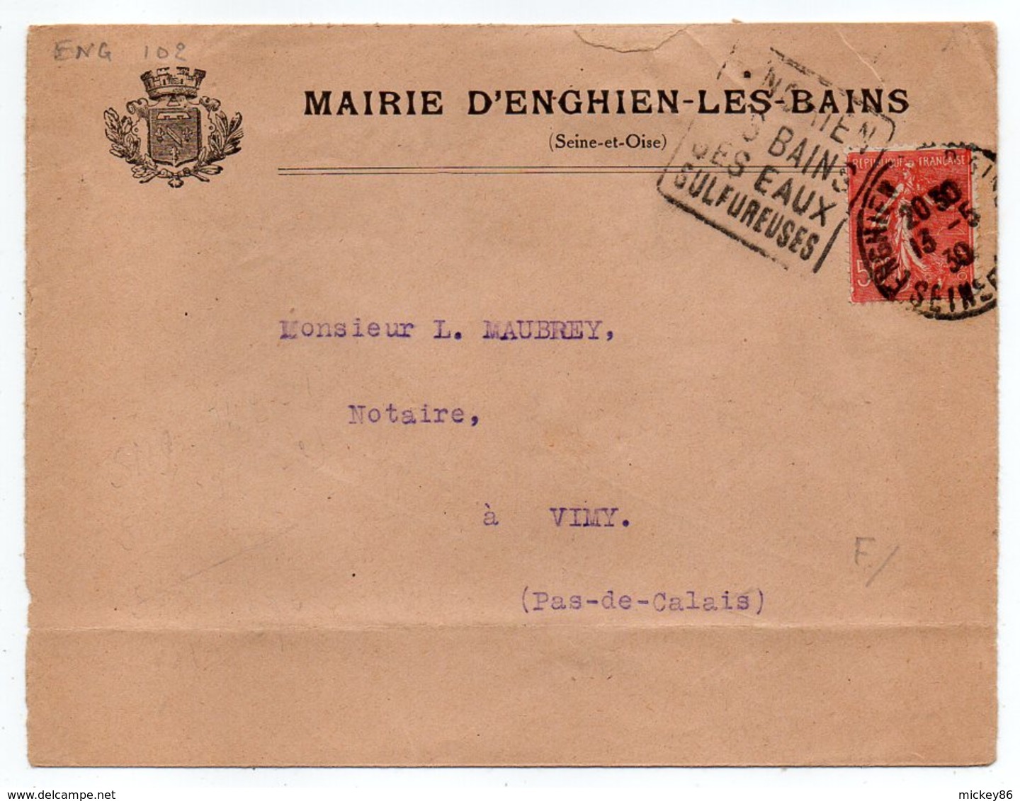 1930-lettre ENGHIEN LES BAINS-95 Pour VIMY-62-Daguin"Ses Eaux Sulfurisées"type Semeuse-Mairie D'Enghien-Vignette Au Dos - 1921-1960: Modern Period