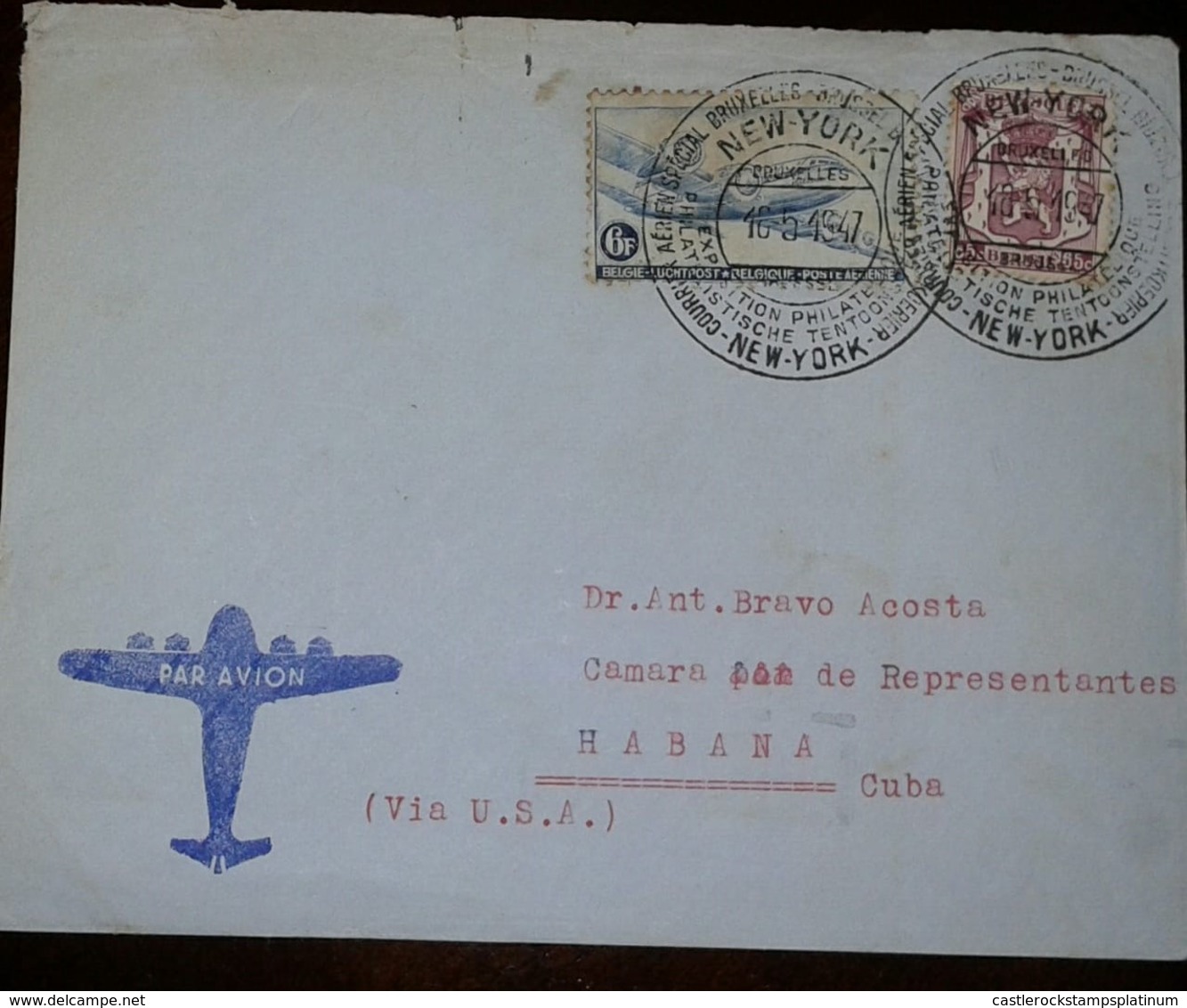 O) 1947 BELGIUM, COAT OF ARMS SC 277 65c, DC 4 SKIMASTER -SABENA AIRLINE SC C8 6fr, EXHIBITION PHILATELIC TENTOONSTELLIN - Covers & Documents