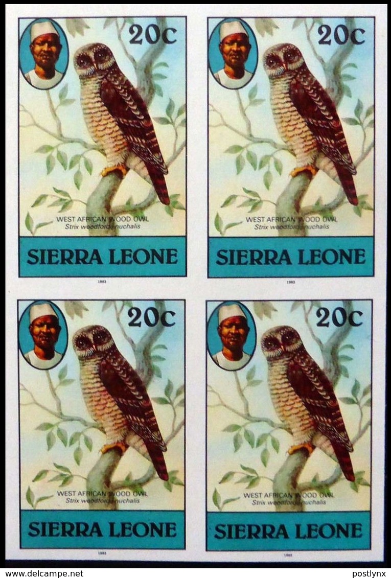 SIERRA LEONE 1980 African Wood Owl Birds 20c Imp.1983 No Wmk IMPERF.4-BLOCK - Sierra Leone (1961-...)