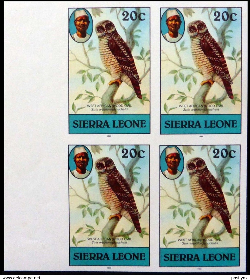 SIERRA LEONE 1980 African Wood Owl Birds 20c Imp.1983 No Wmk MARG.IMPERF.4-BLOCK - Gufi E Civette