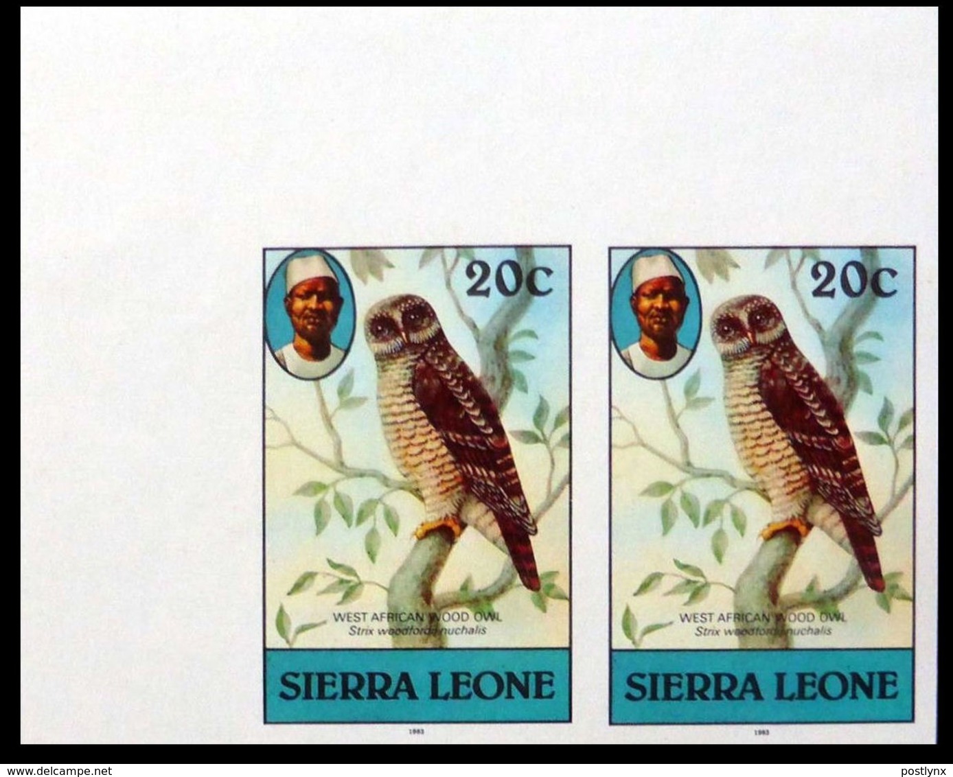 SIERRA LEONE 1980 African Wood Owl Birds 20c Imp.1983 No Wmk CORNER IMPERF.PAIR - Hiboux & Chouettes