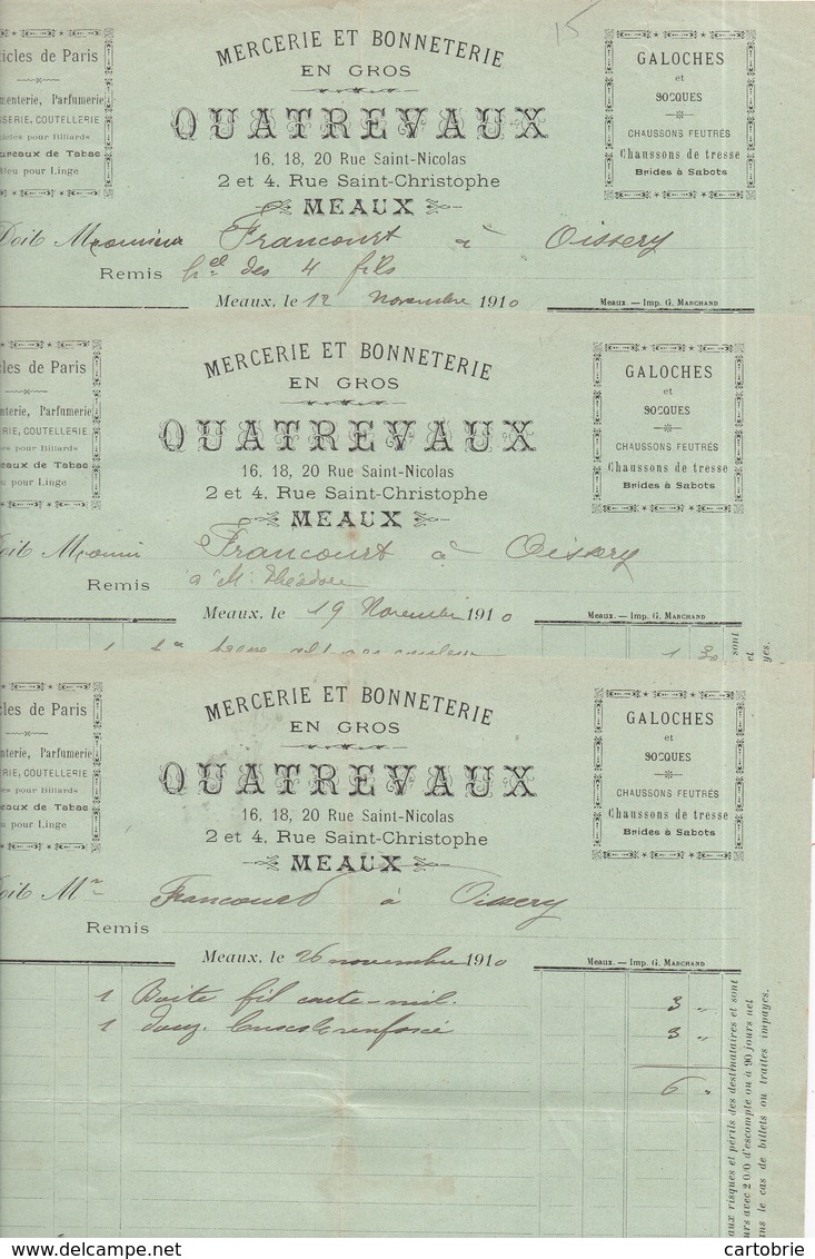 77 MEAUX - Lot De 3 Factures Pour Mr FRANCOURT à OISSERY, De La Mercerie QUATREVAUX, 16 Rue Saint-Nicolas - Meaux