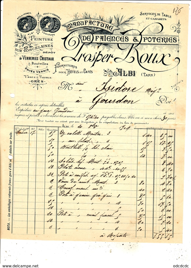 Manufacture De Faiences & Poteries Prosper Roux Albi  Fourniture Pour Hotels Et Cafés 20 Octobre 1904 - Autres & Non Classés