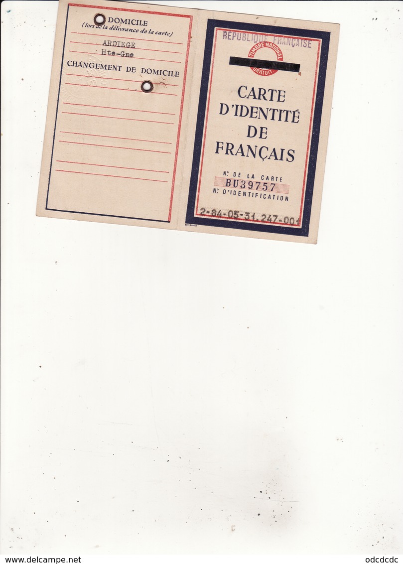 CARTE D'IDENTITE  DE FRANCAIS  ETAT FRANCAIS Timbre National Gratuit 13 Dec 1943 - Autres & Non Classés