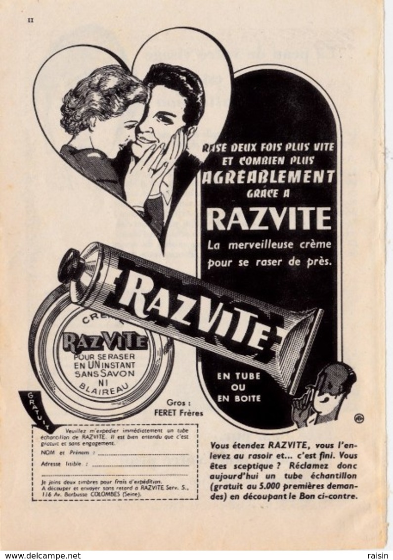 Pub.1954 RAZVITE Crème Rasage Tube Ou Boîte  "se Raser En Un Instant,sans Savon,ni Blaireau "  TBE - Publicités