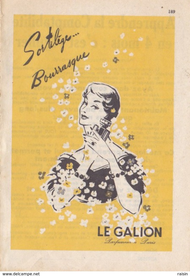 Pub.1955 LE GALION Parfumeur Paris  "SORTILEGES...BOURRASQUE " TBE - Publicités