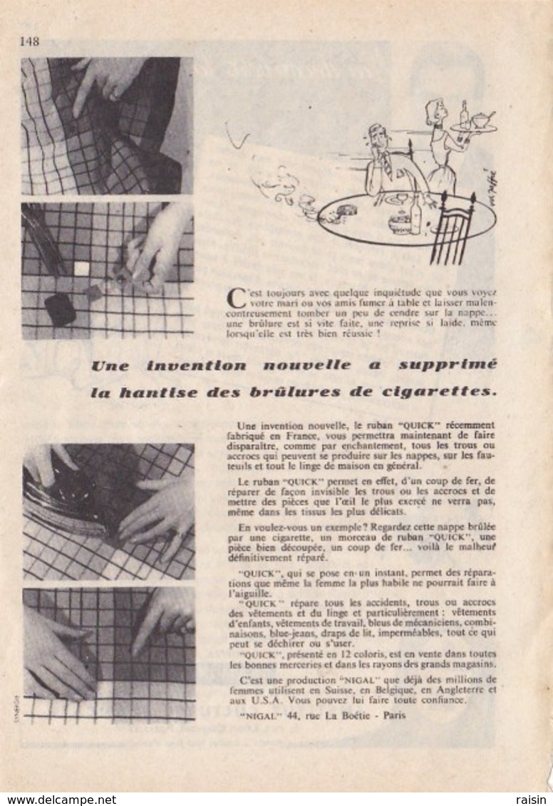 Pub.1955  Ruban QUICK  Production "Nigal"  " Supprime Trous,accrocs,d'un Coup De Fer ! " TBE - Publicités