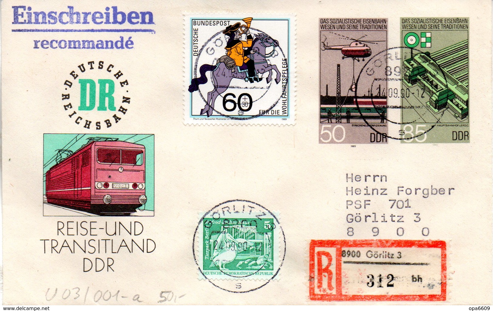 DDR Amtl. GZS-Umschlag U 3 ZF 50(Pf) Neben 85(Pf) Mehrfarbig "Sozialistisches Eisenbahnwesen" TSt 24.9.90 GÖRLITZ 3 - Enveloppes - Oblitérées