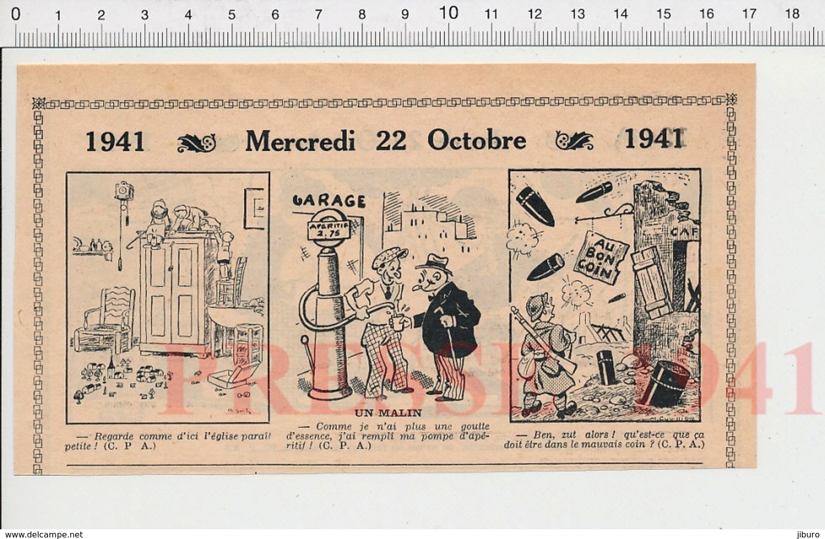 2 Scans 1941 Humour Malette Jeux Construction Ancienne Pompe Essence Pénurie Guerre Apérérif Apéro Chapellerie 223XR - Non Classés