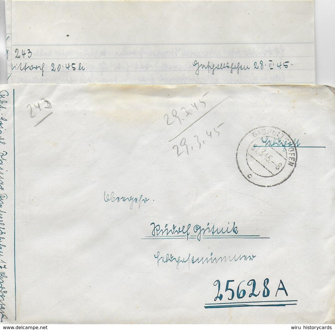 WZ L 2  Feldpost Von Gaspoltshofen  An Die Feldpostnummer 25628A Am 27. III 45 - Briefe U. Dokumente